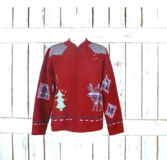 Vintage red woven knit Christmas wool patchwork cardigan sweater - Picture 1 of 5